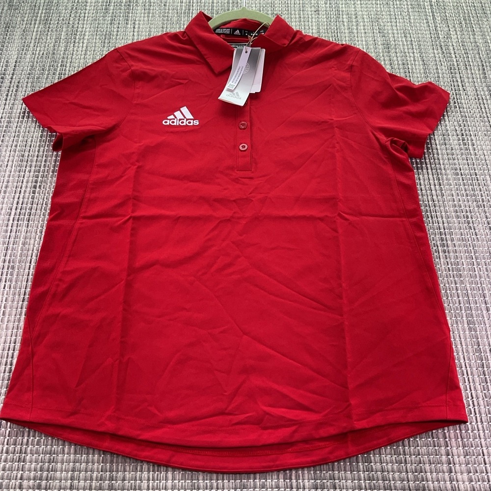 Adidas Womens STM Polo Shirt Bright Red White Short Sleeve Medium HH7418 NEW